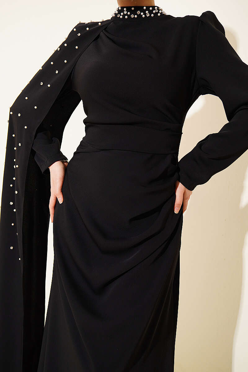 Pearl Evening Dress with Shoulder Cape - Black