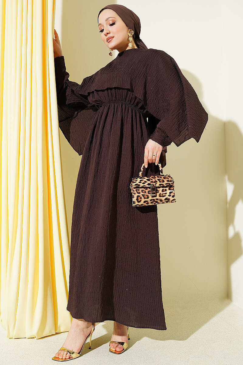 Sequin-Detail Dress with Shoulder Cape - Dark Brown