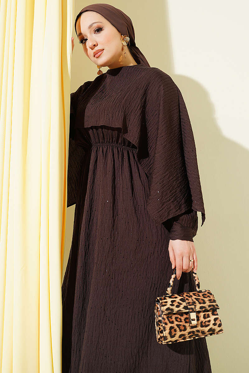 Sequin-Detail Dress with Shoulder Cape - Dark Brown