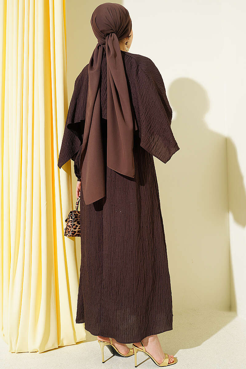 Sequin-Detail Dress with Shoulder Cape - Dark Brown