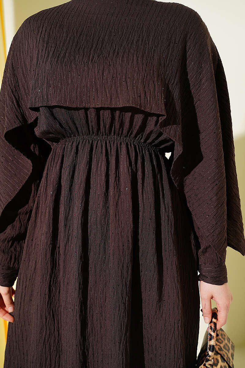Sequin-Detail Dress with Shoulder Cape - Dark Brown
