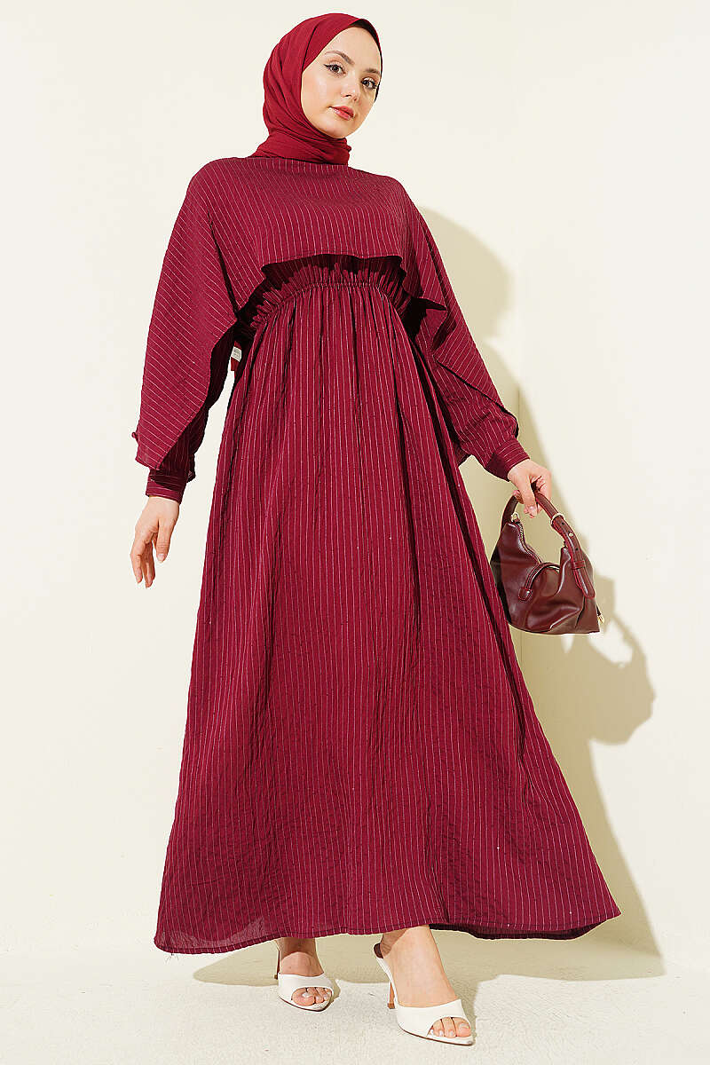 Sequin-Detail Dress with Shoulder Cape - Burgundy