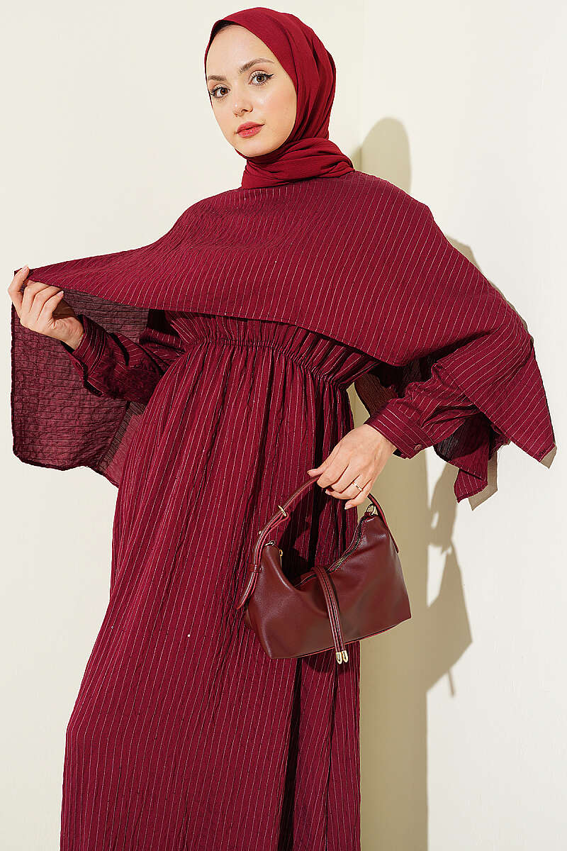 Sequin-Detail Dress with Shoulder Cape - Burgundy