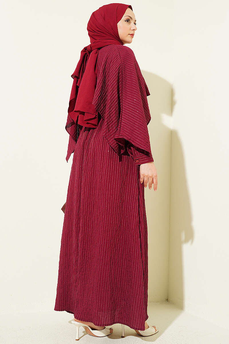 Sequin-Detail Dress with Shoulder Cape - Burgundy