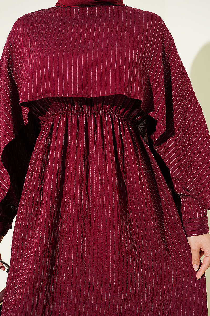 Sequin-Detail Dress with Shoulder Cape - Burgundy