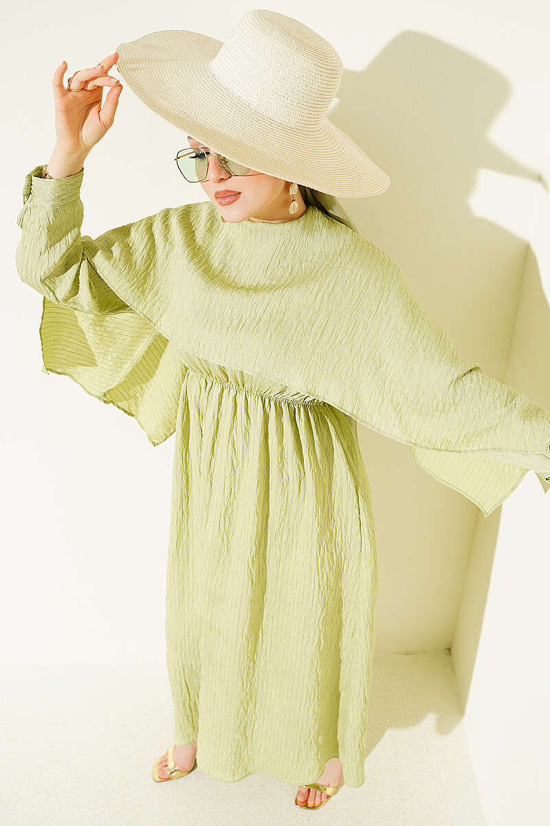 Sequin-Detail Dress with Shoulder Cape - Almond Green