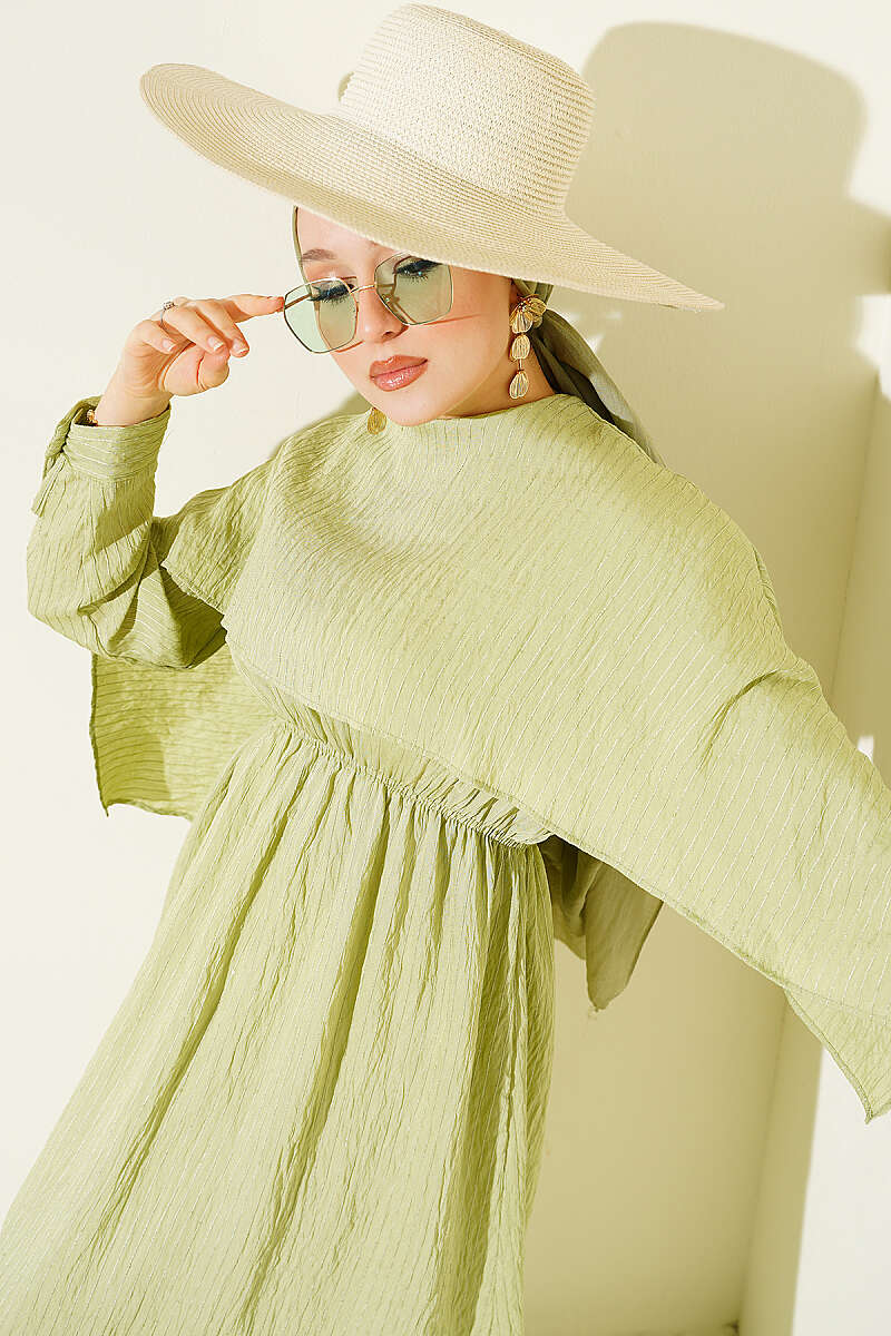 Sequin-Detail Dress with Shoulder Cape - Almond Green