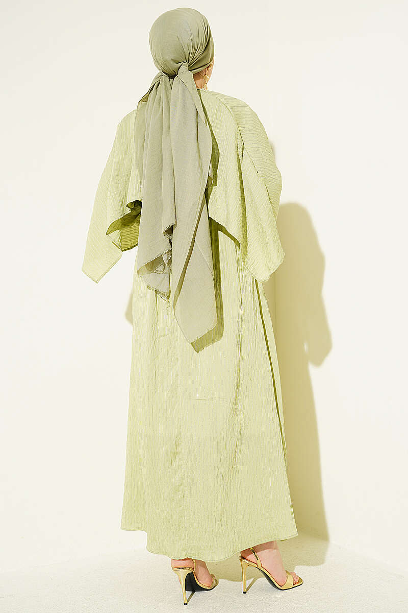 Sequin-Detail Dress with Shoulder Cape - Almond Green
