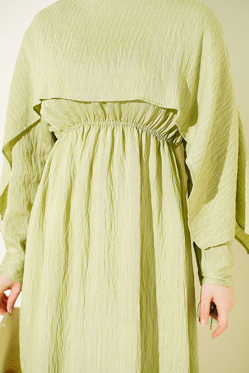 Sequin-Detail Dress with Shoulder Cape - Almond Green