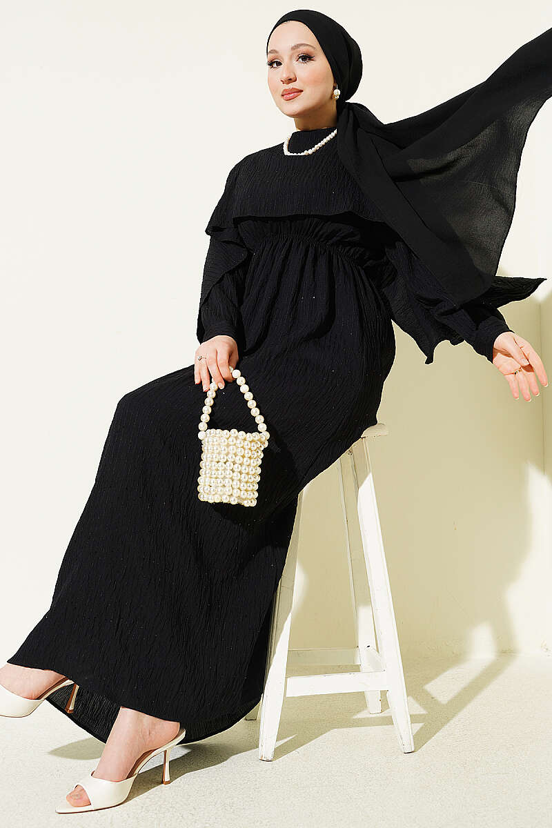 Sequin-Detail Dress with Shoulder Cape - Black