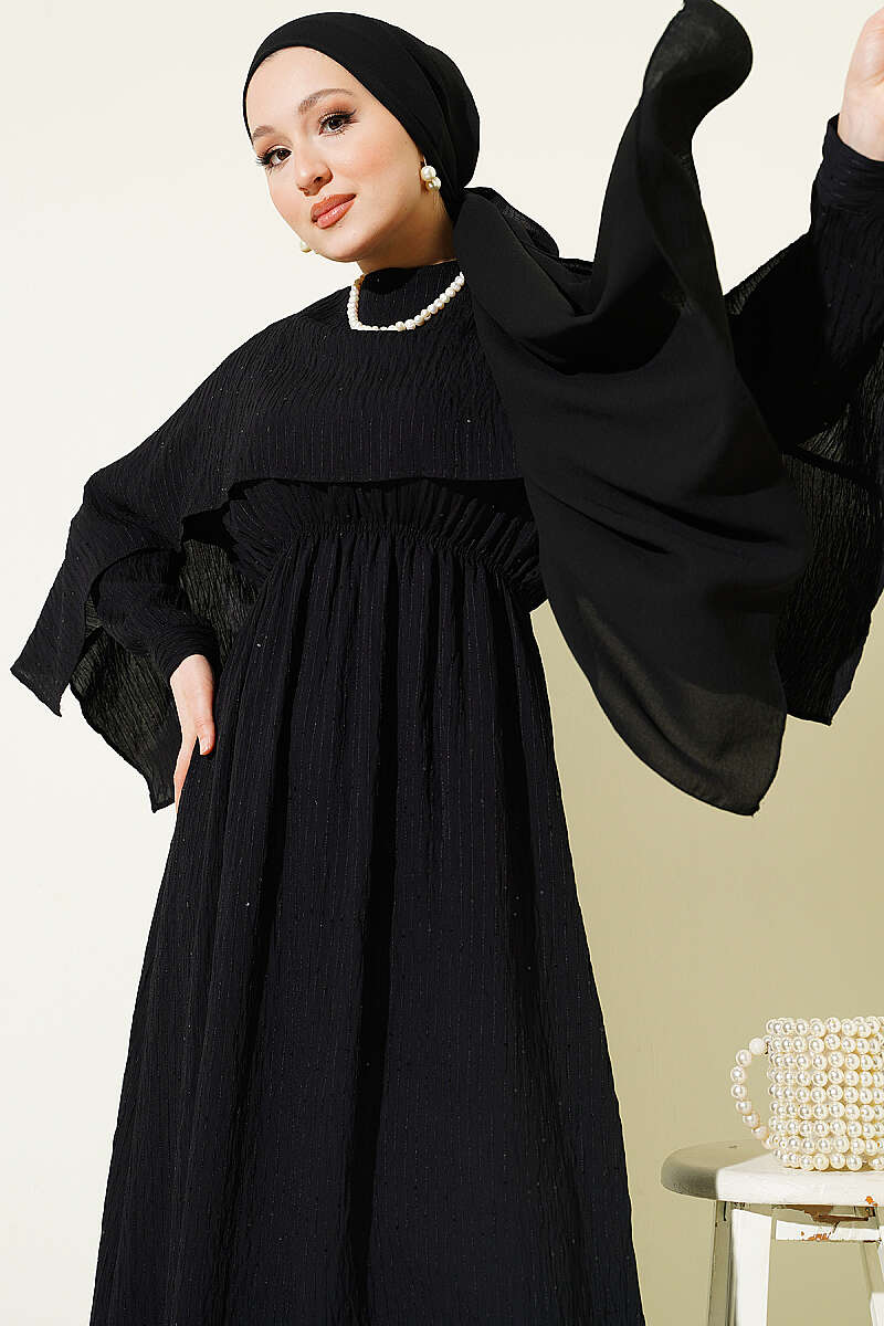 Sequin-Detail Dress with Shoulder Cape - Black