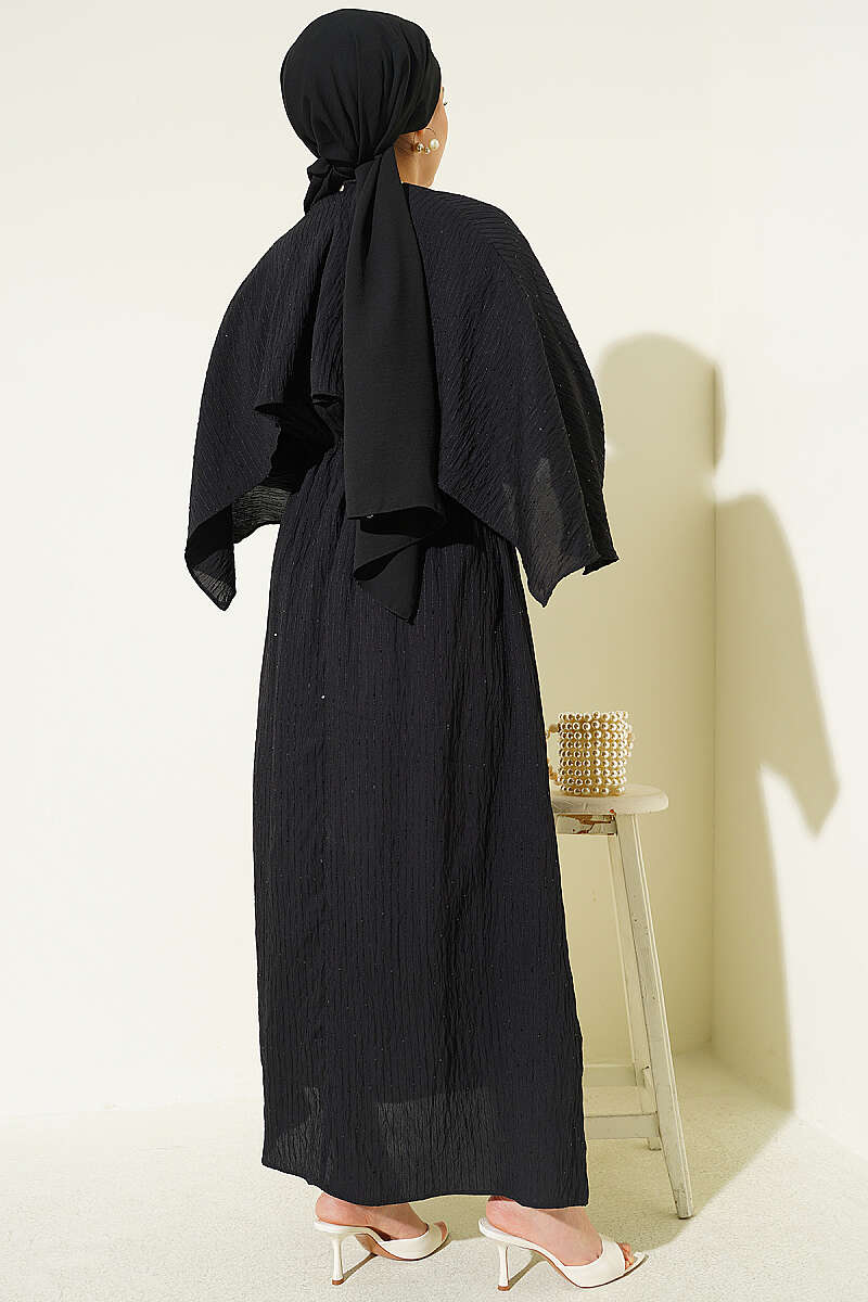 Sequin-Detail Dress with Shoulder Cape - Black