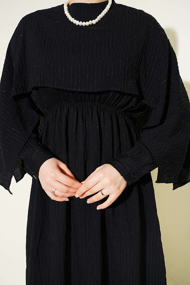 Sequin-Detail Dress with Shoulder Cape - Black