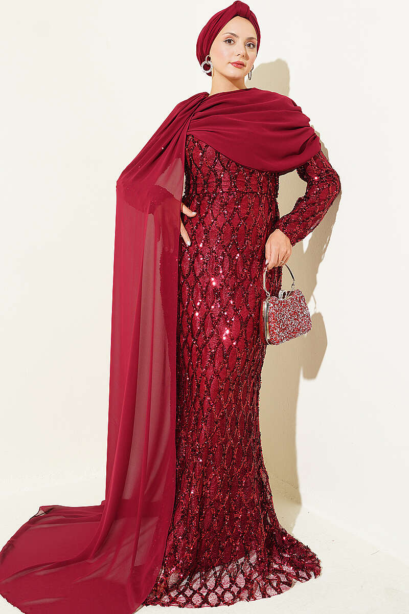 Sequin Evening Dress with Shoulder Cape - Burgundy