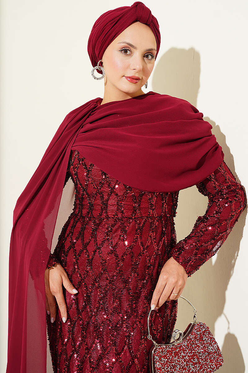 Sequin Evening Dress with Shoulder Cape - Burgundy