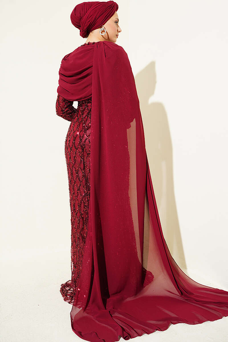Sequin Evening Dress with Shoulder Cape - Burgundy