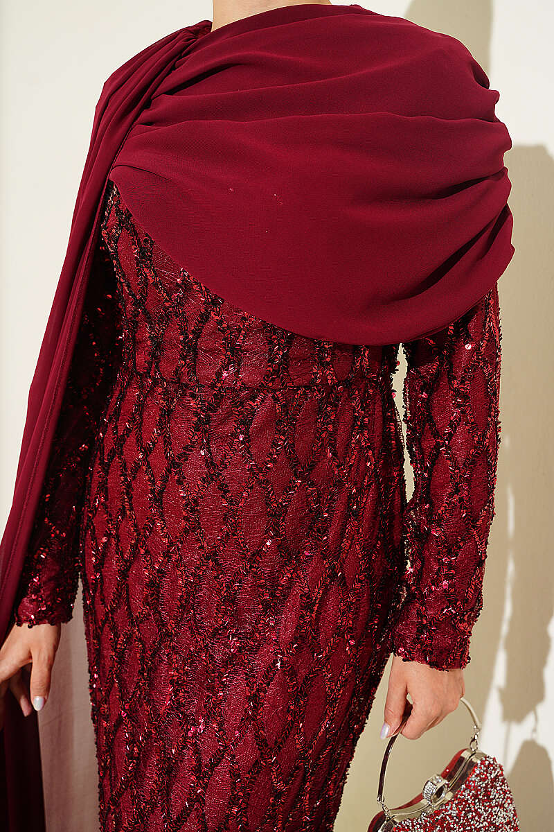 Sequin Evening Dress with Shoulder Cape - Burgundy