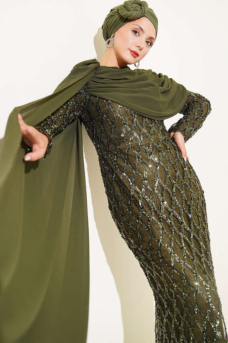 Sequin Evening Dress with Shoulder Cape - Khaki