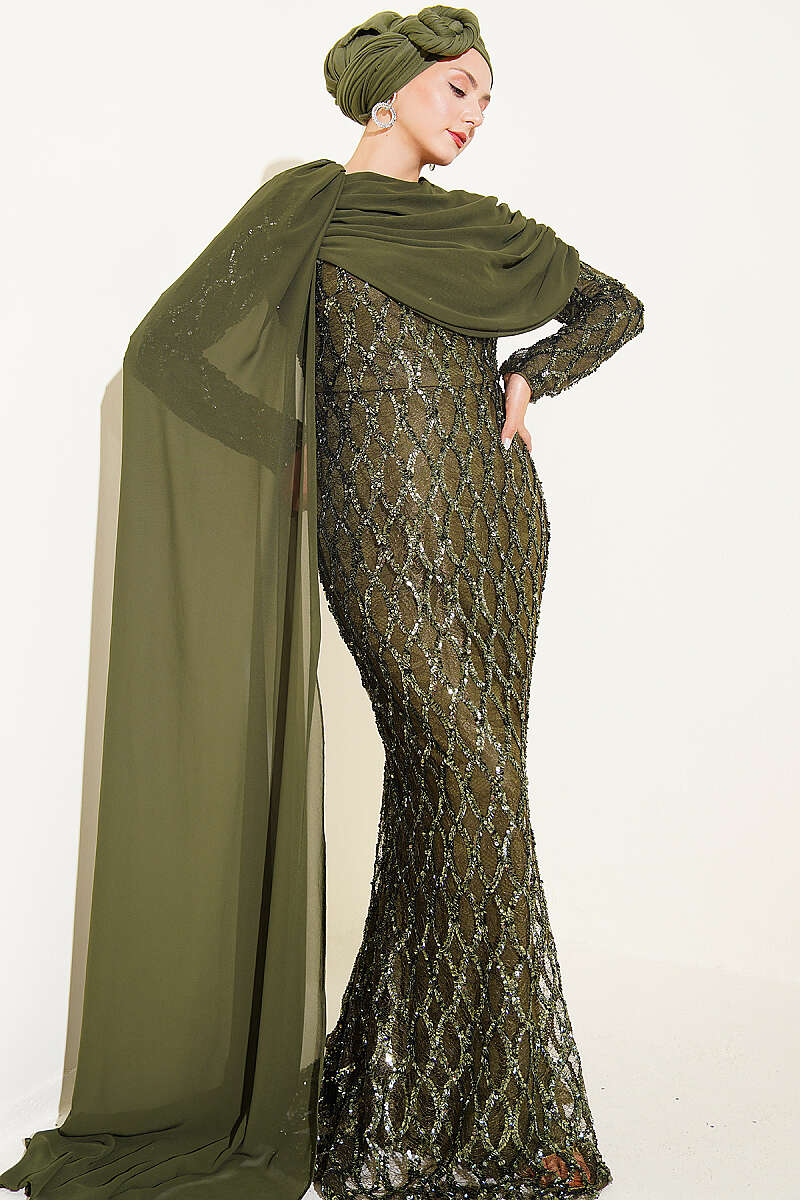 Sequin Evening Dress with Shoulder Cape - Khaki