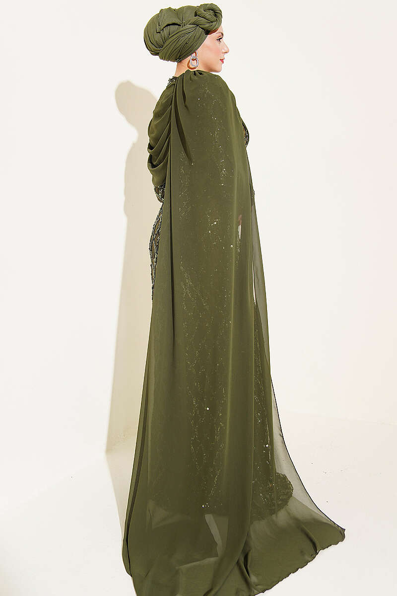 Sequin Evening Dress with Shoulder Cape - Khaki
