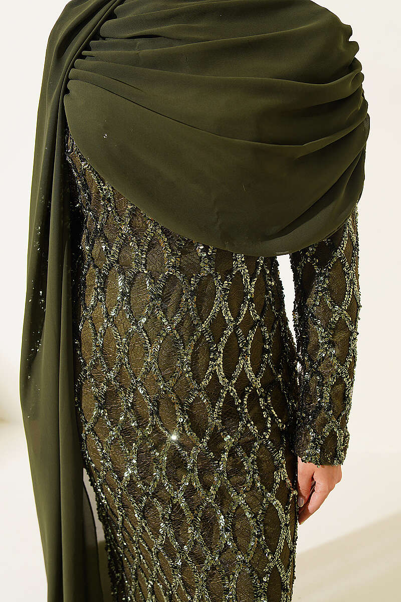Sequin Evening Dress with Shoulder Cape - Khaki