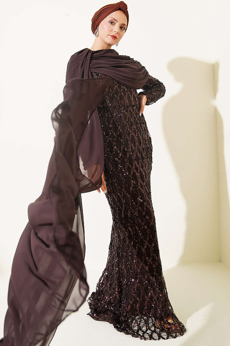 Sequin Evening Dress with Shoulder Cape - Brown