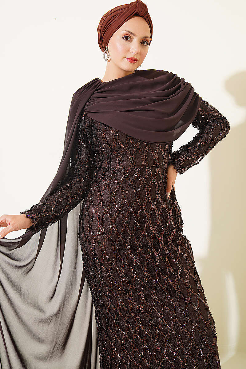 Sequin Evening Dress with Shoulder Cape - Brown