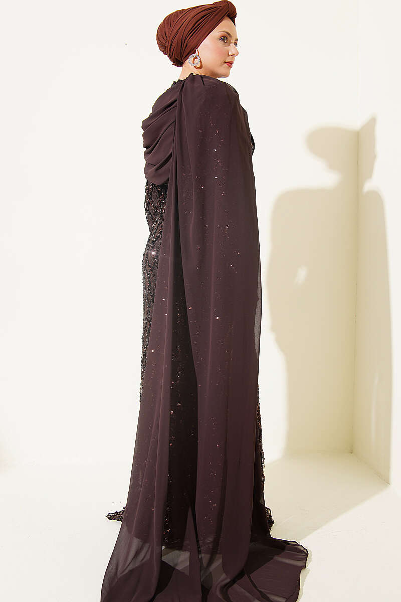 Sequin Evening Dress with Shoulder Cape - Brown