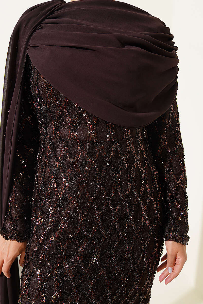 Sequin Evening Dress with Shoulder Cape - Brown
