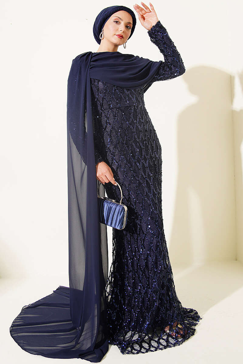 Sequin Evening Dress with Shoulder Cape - Navy