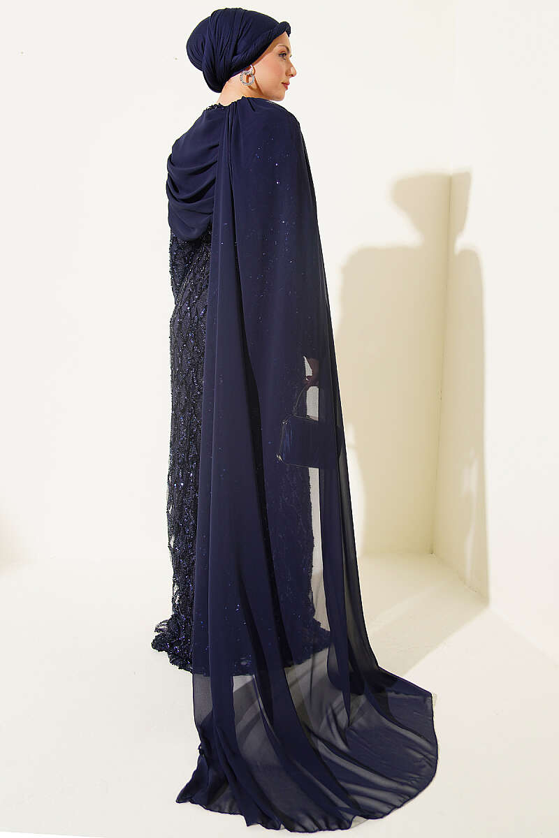 Sequin Evening Dress with Shoulder Cape - Navy