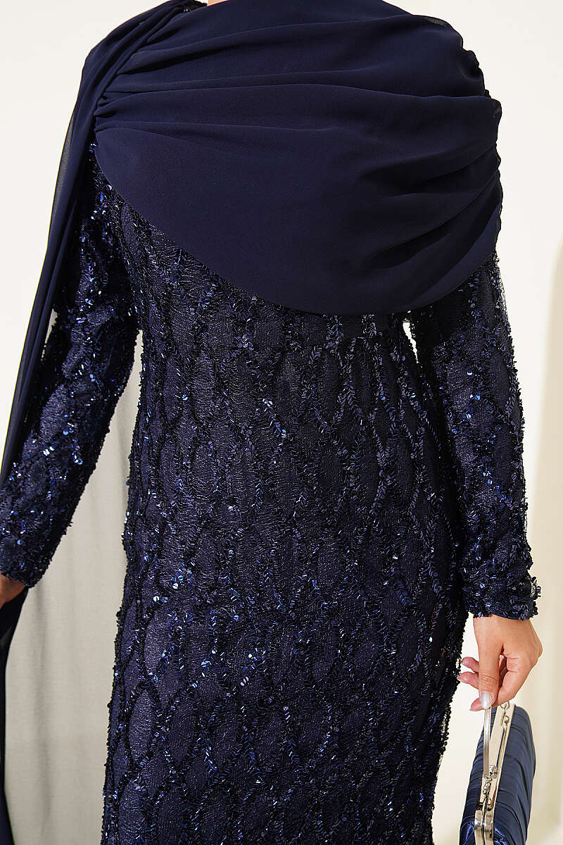 Sequin Evening Dress with Shoulder Cape - Navy