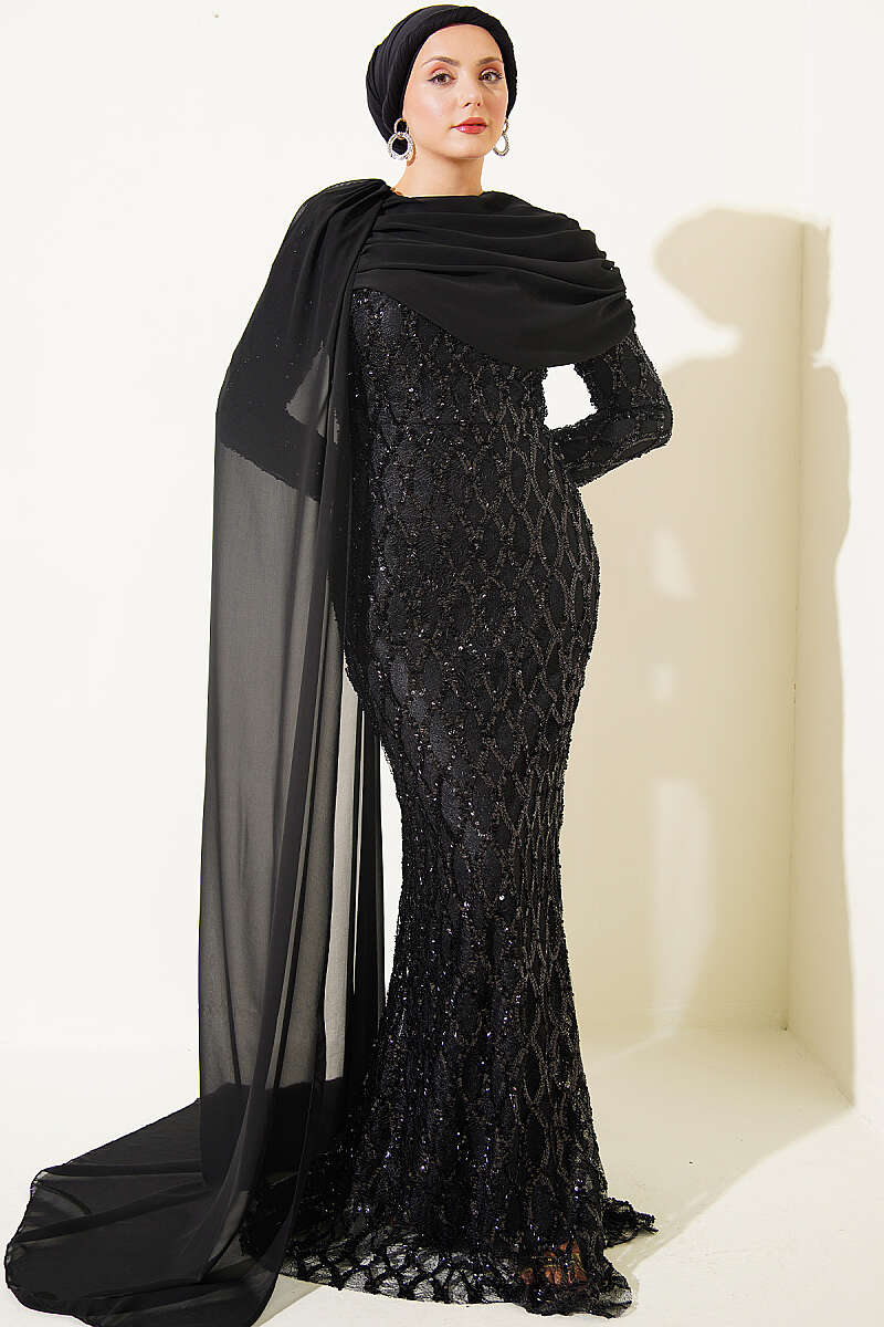 Sequin Evening Dress with Shoulder Cape - Black