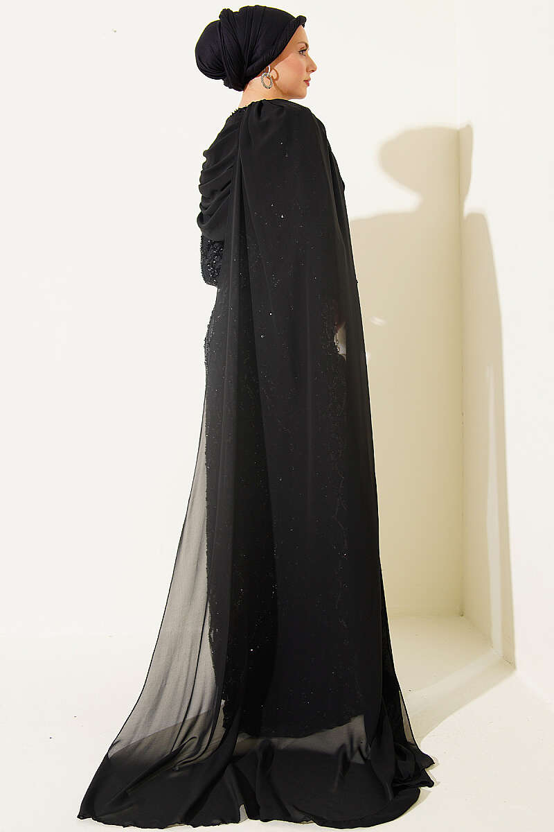Sequin Evening Dress with Shoulder Cape - Black