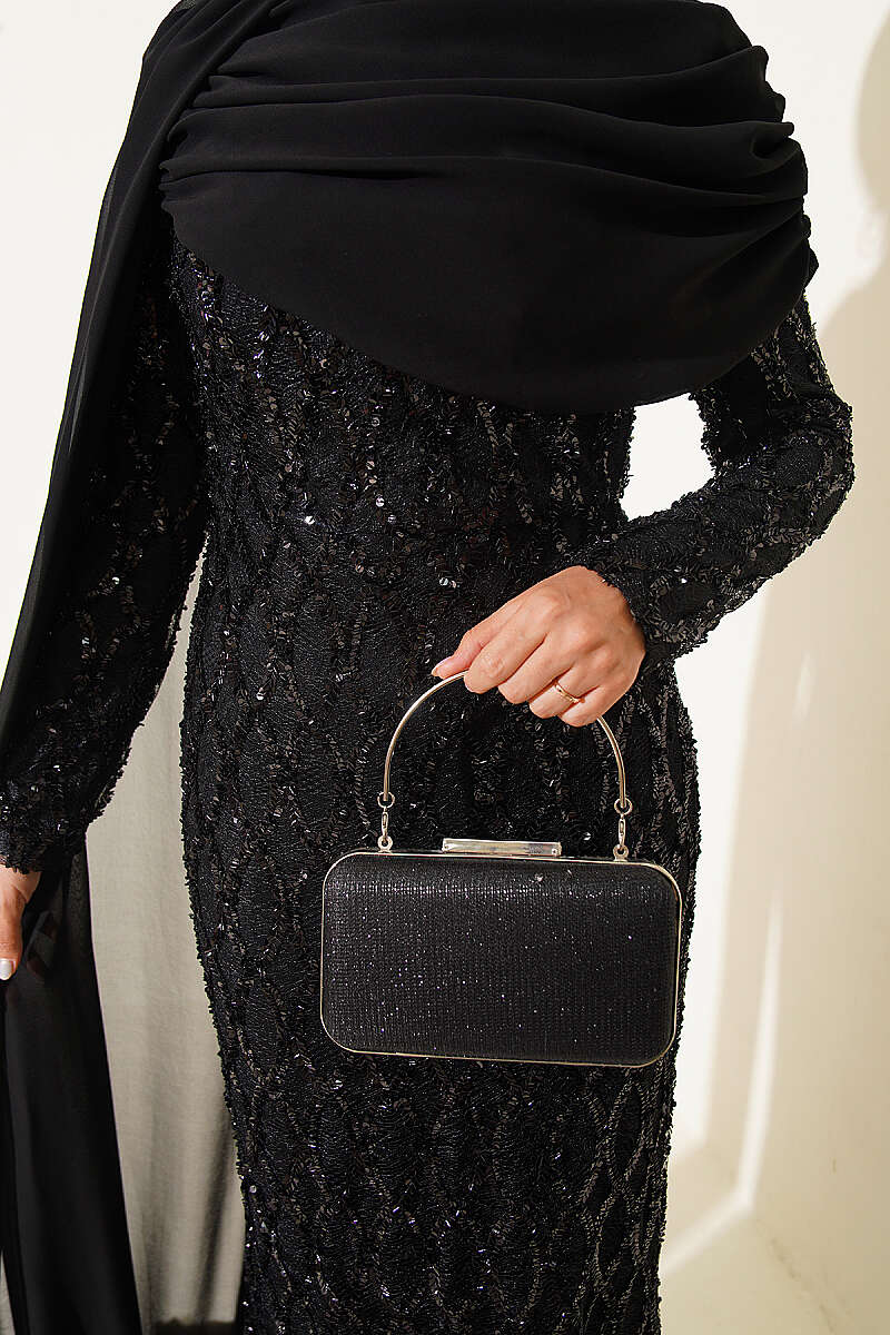 Sequin Evening Dress with Shoulder Cape - Black