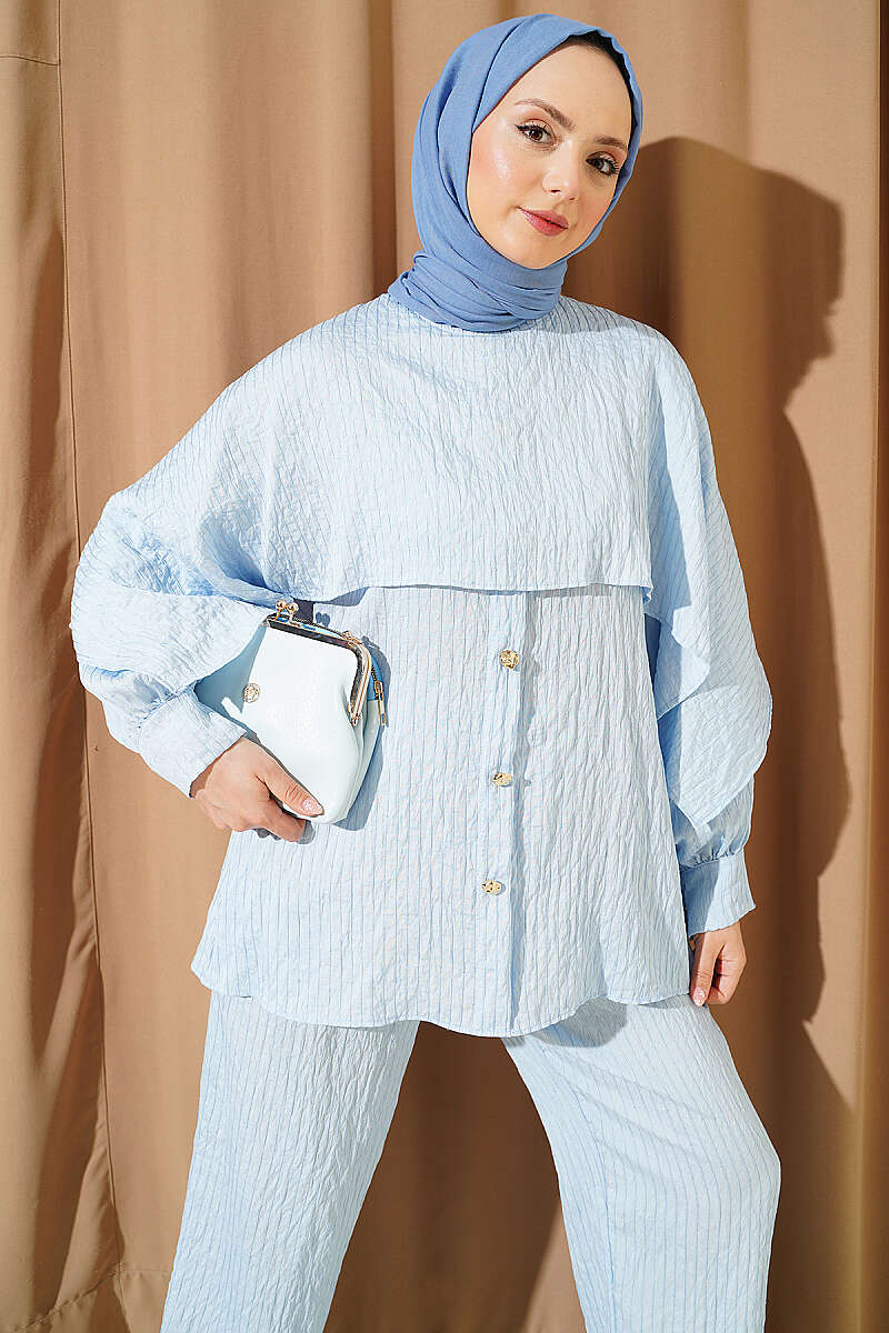 Sequin-Trim Two-Piece Set with Shoulder Cape - Light Blue