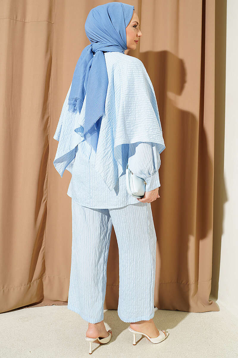 Sequin-Trim Two-Piece Set with Shoulder Cape - Light Blue