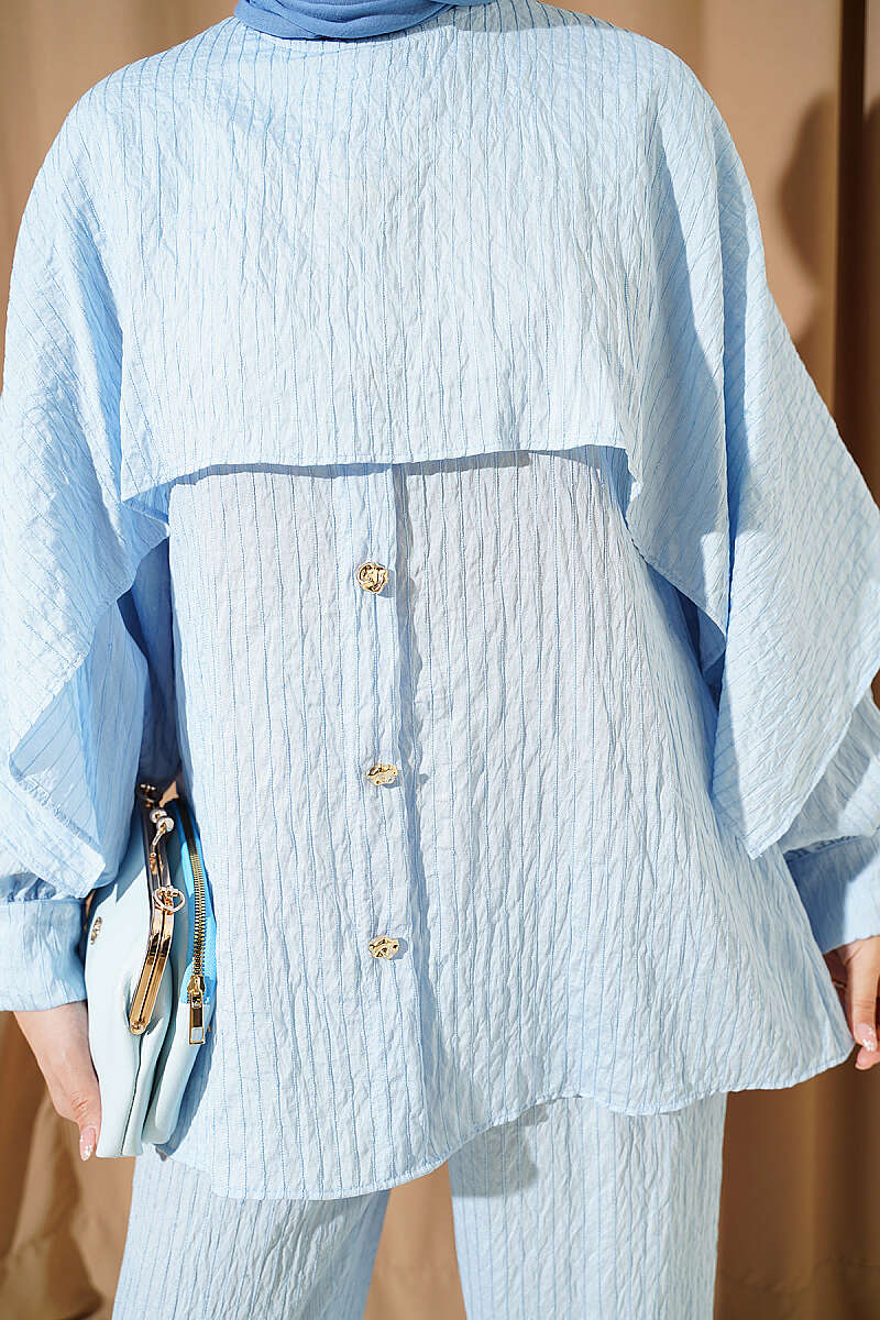 Sequin-Trim Two-Piece Set with Shoulder Cape - Light Blue