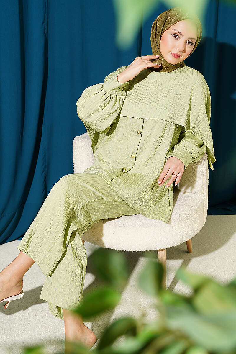 Sequin-Trim Two-Piece Set with Shoulder Cape - Almond Green