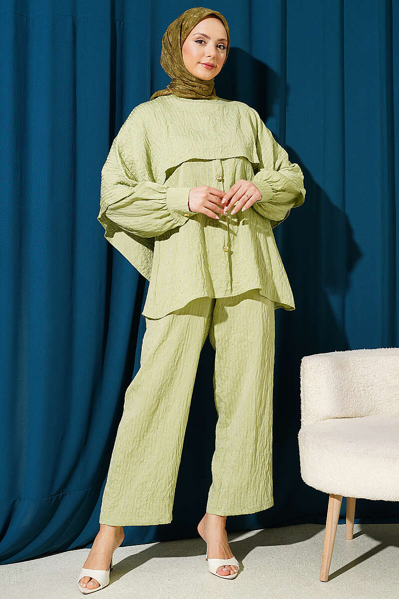 Sequin-Trim Two-Piece Set with Shoulder Cape - Almond Green