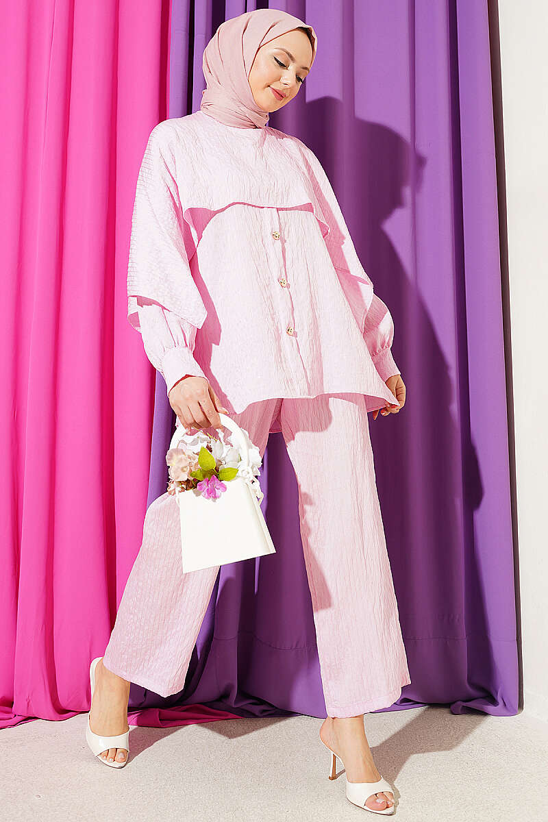 Sequin-Trim Two-Piece Set with Shoulder Cape - Pink