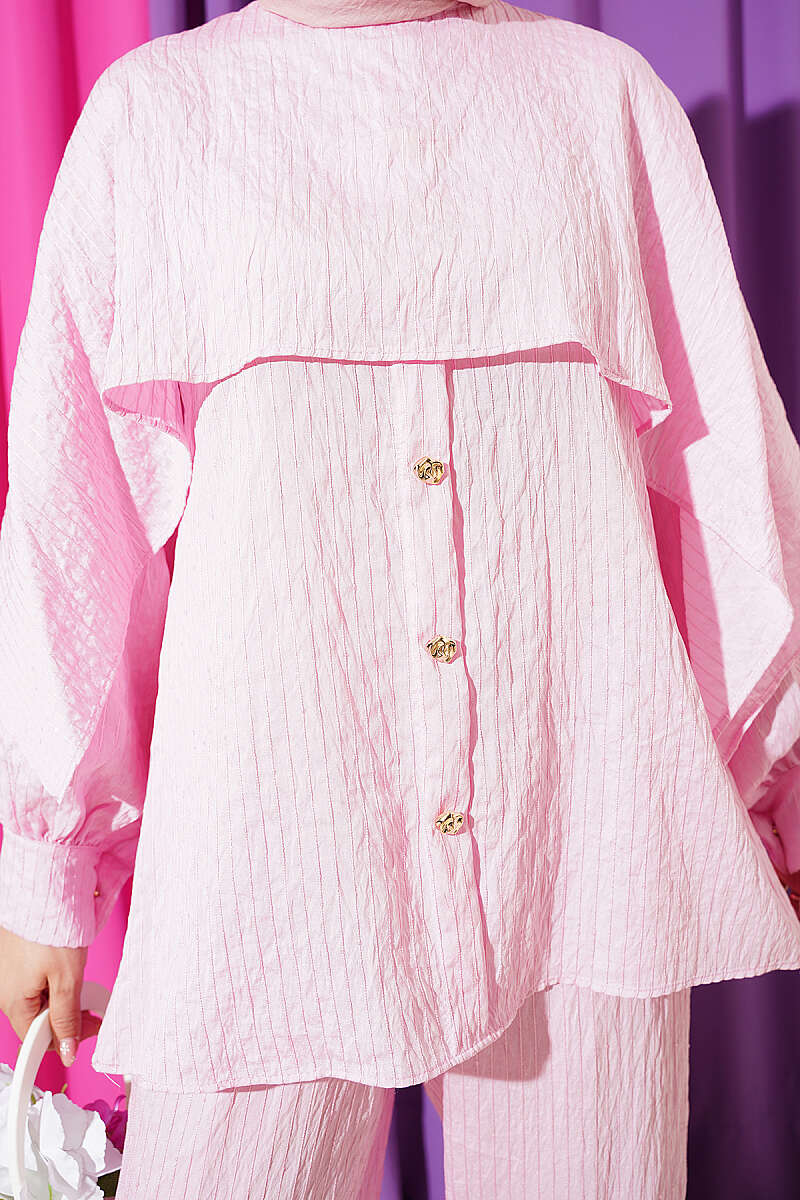 Sequin-Trim Two-Piece Set with Shoulder Cape - Pink