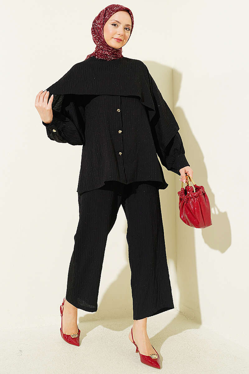 Sequin-Trim Two-Piece Set with Shoulder Cape - Black