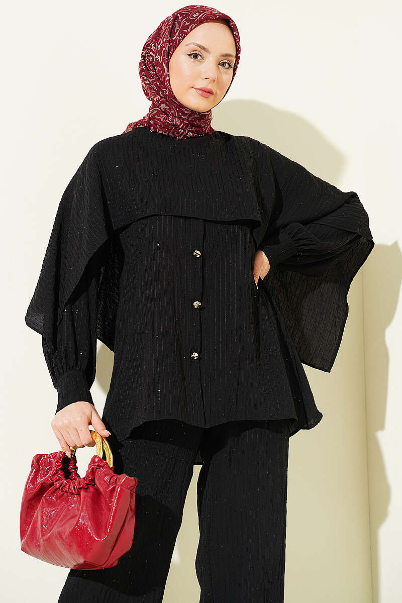 Sequin-Trim Two-Piece Set with Shoulder Cape - Black