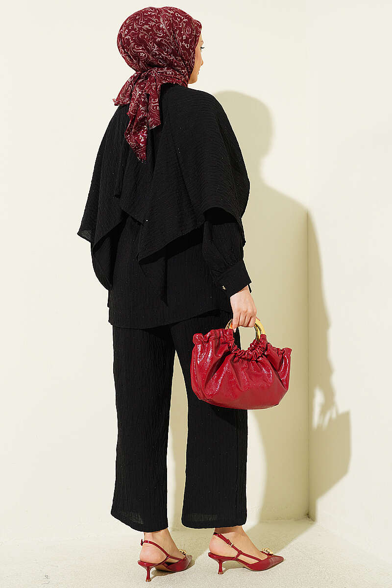 Sequin-Trim Two-Piece Set with Shoulder Cape - Black