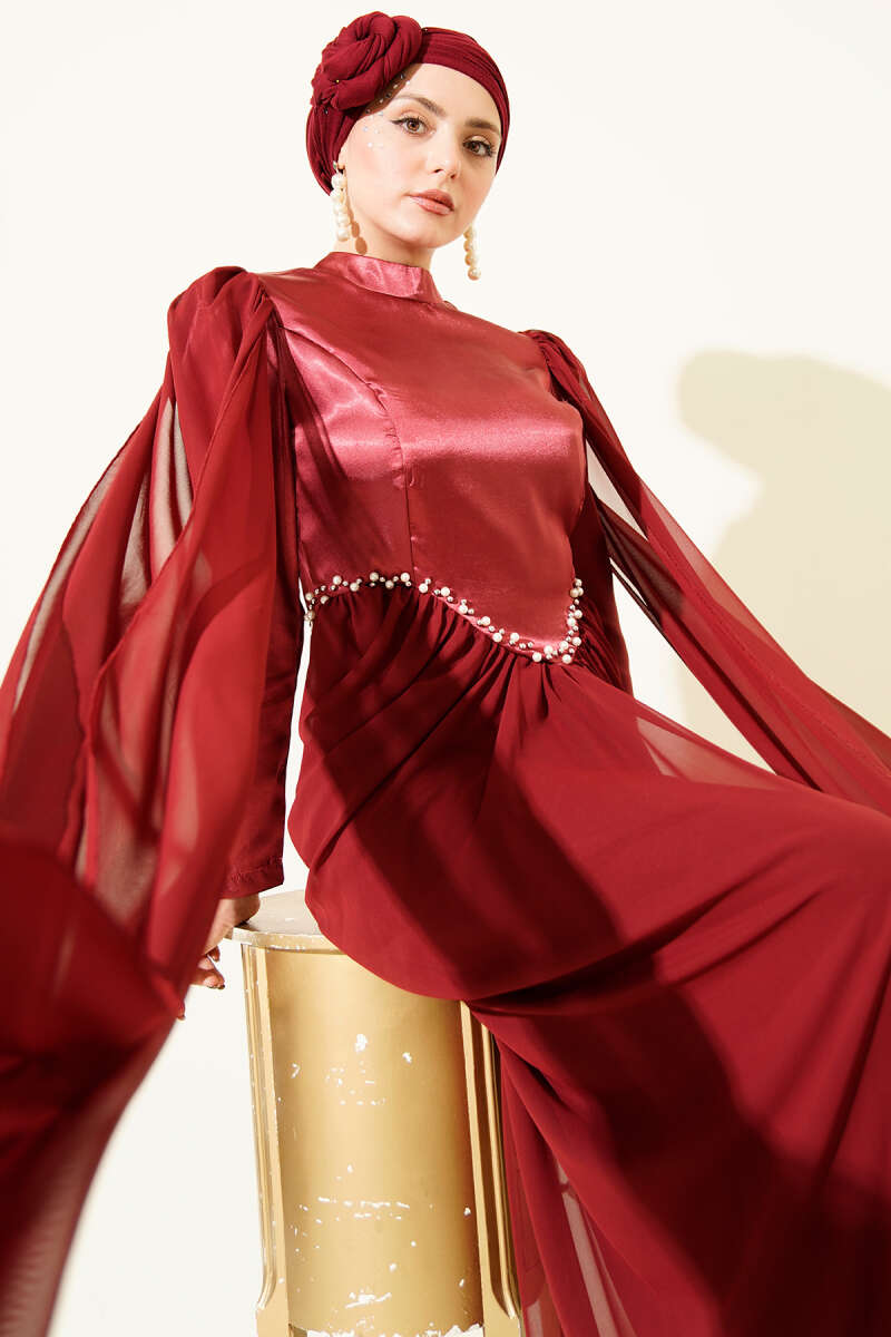 Stone-Detail Evening Dress with Shoulder Cape - Burgundy