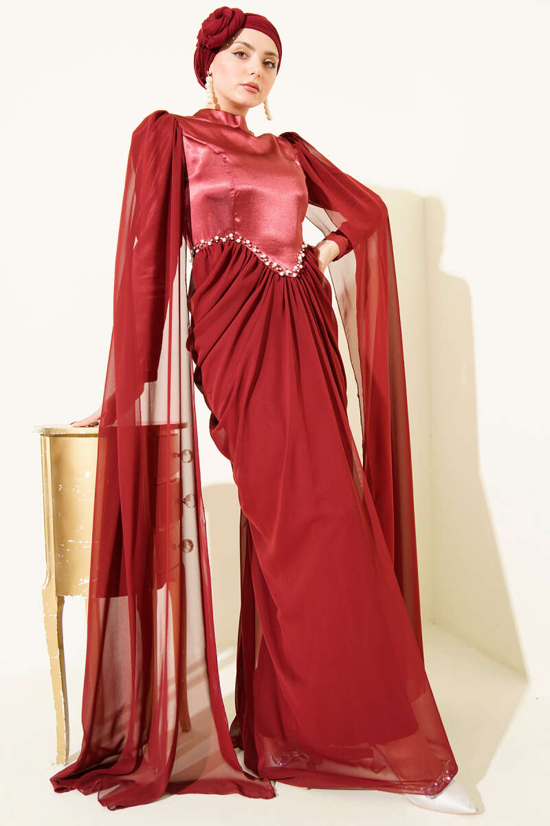 Stone-Detail Evening Dress with Shoulder Cape - Burgundy