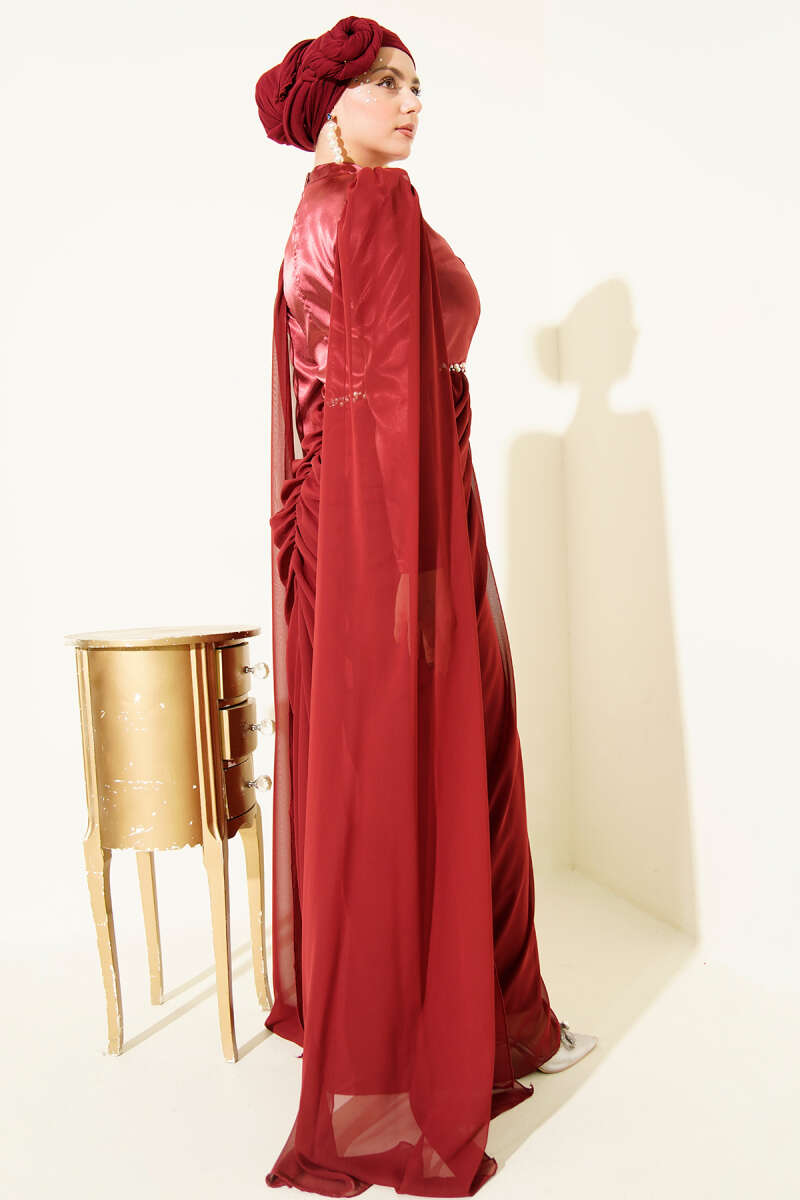 Stone-Detail Evening Dress with Shoulder Cape - Burgundy