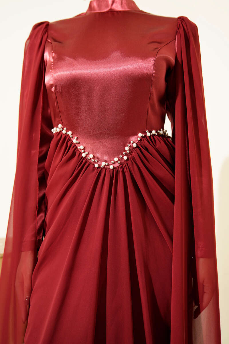 Stone-Detail Evening Dress with Shoulder Cape - Burgundy