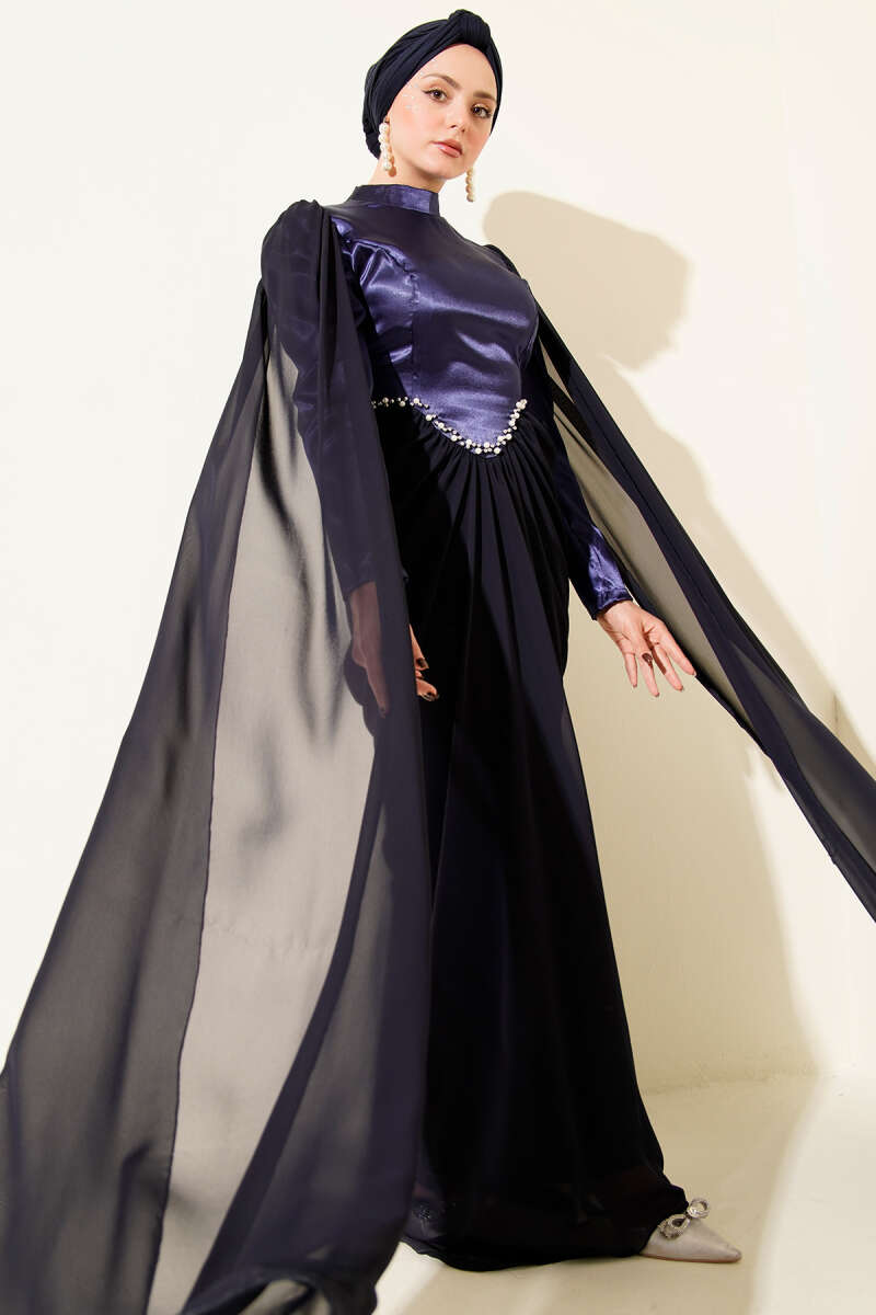 Stone-Detail Evening Dress with Shoulder Cape - Navy